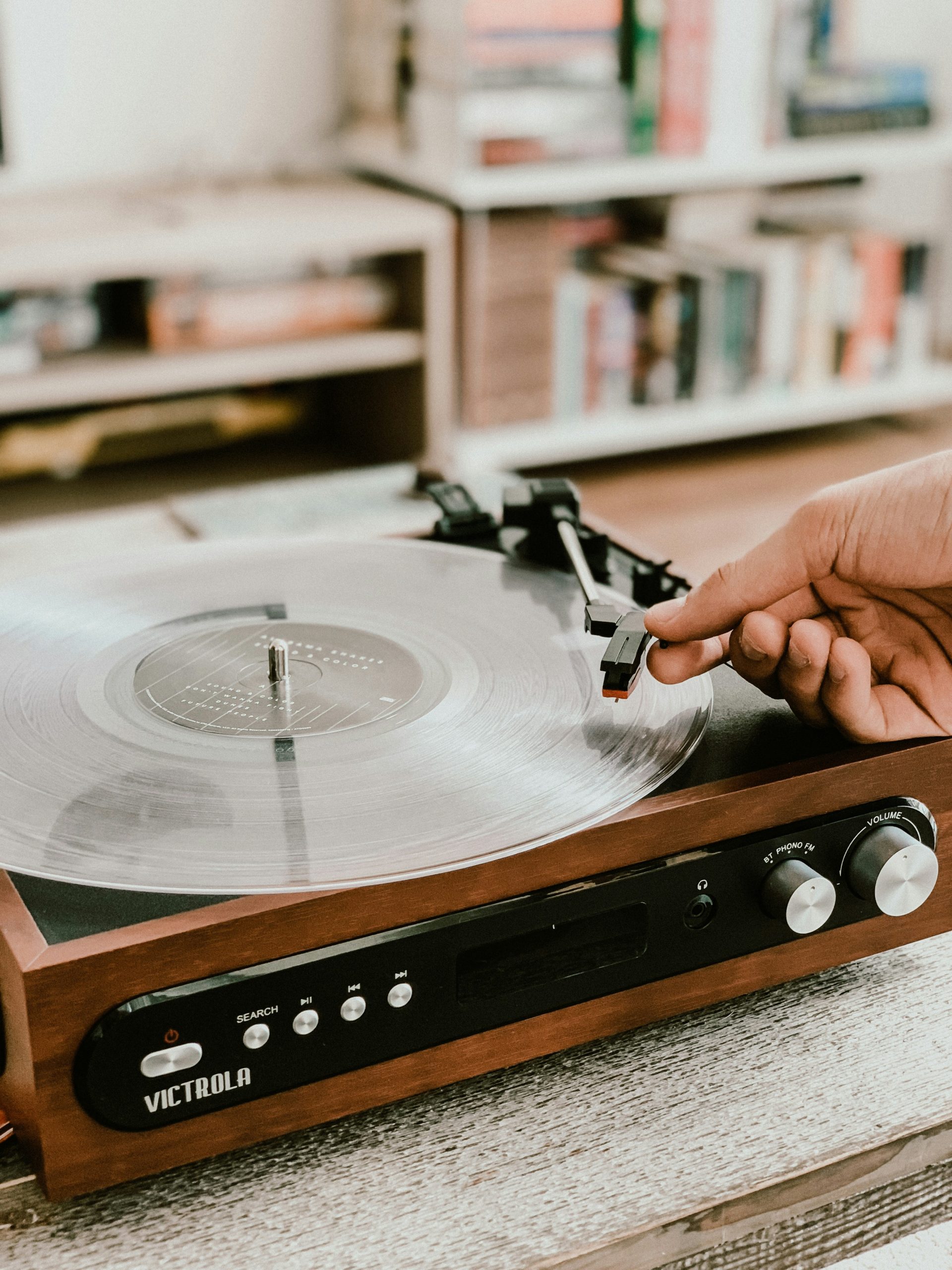 Vintage record player with warm studio lighting