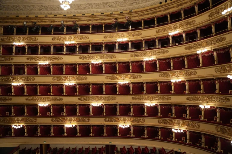 Ornate theater boxes at Teatro alla Scala, Milan, showcasing luxurious red velvet seats — an editorial image for "Freddie Mercury and Queen: Performance, Range, and Legacy."