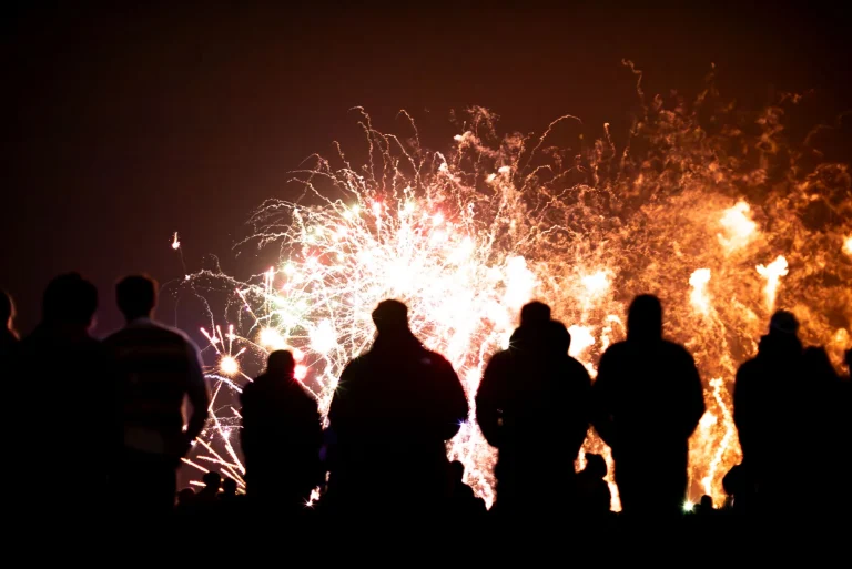 Silhouetted crowd watching a vibrant fireworks display in the night sky, capturing the essence of celebration and wonder — an editorial image for "Woodstock and the Rise of the Music Festival."